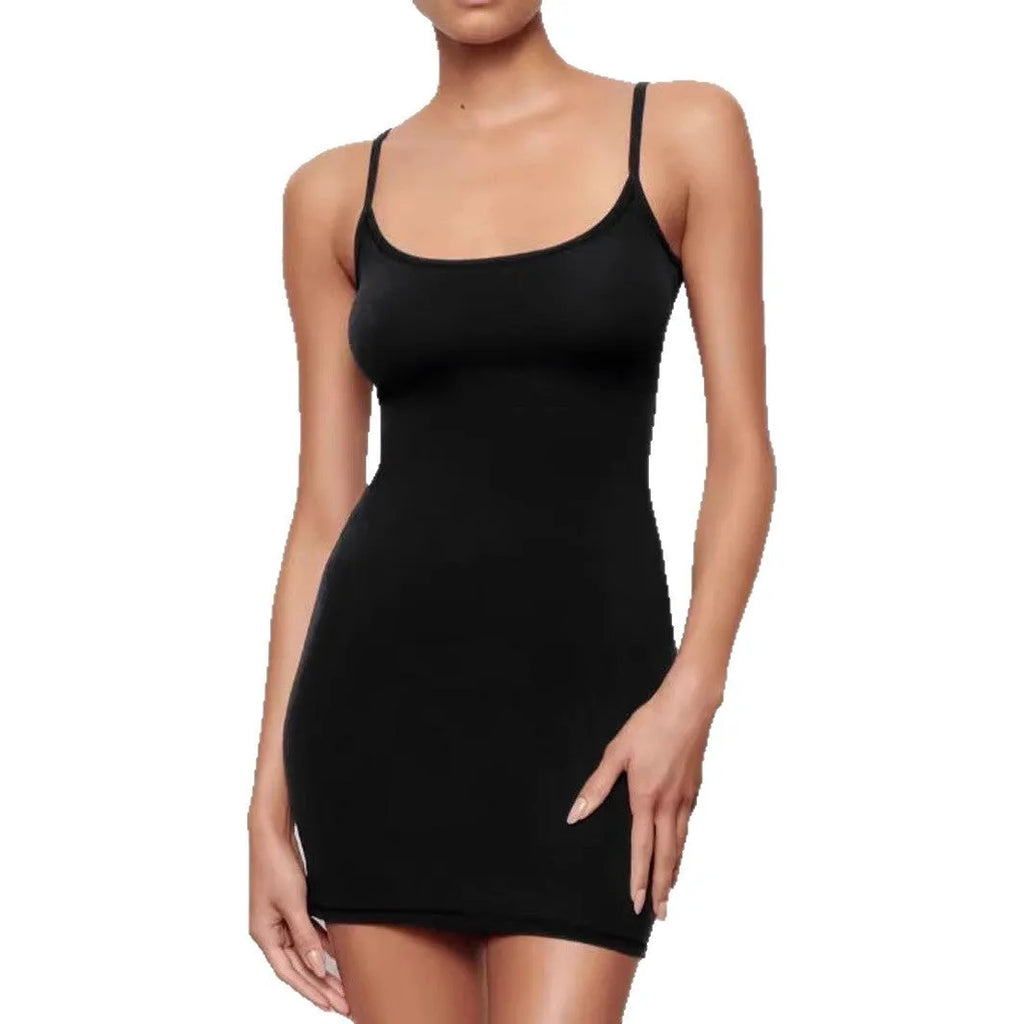 Black skinny sheath sling dress with sleeveless design on a mannequin.