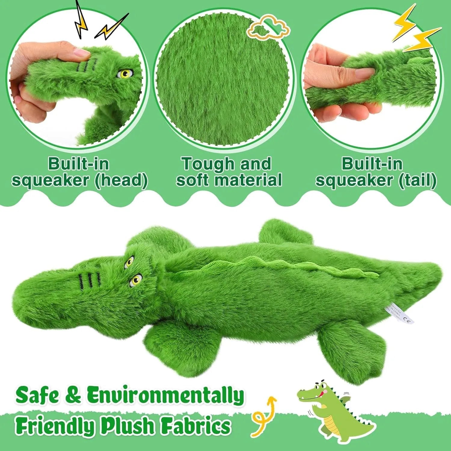 Green plush crocodile dog toy with no-stuffing construction and squeaker features