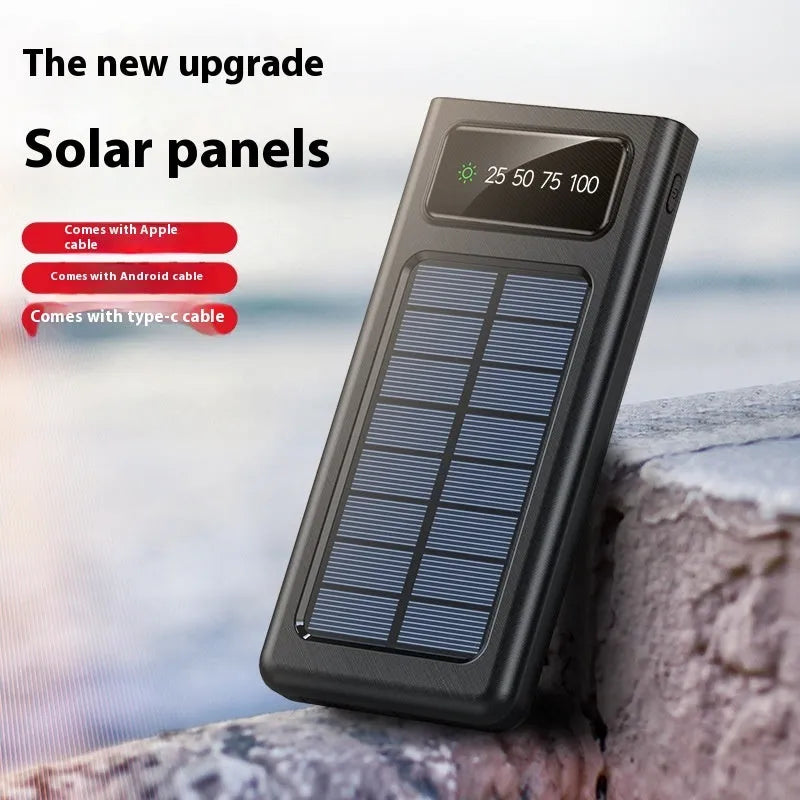 Black solar power bank 20000 MA with cable for mobile phones, plastic shell creative design