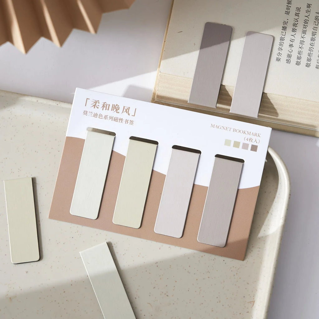Set of four Morandi Series colour block magnetic bookmarks in soft evening breeze, Lanshan breeze, gentle twilight, and quiet distance colours.