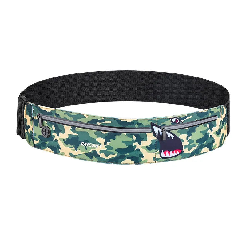 Waterproof 8-inch waist bag in camouflage crocodile pattern with adjustable strap