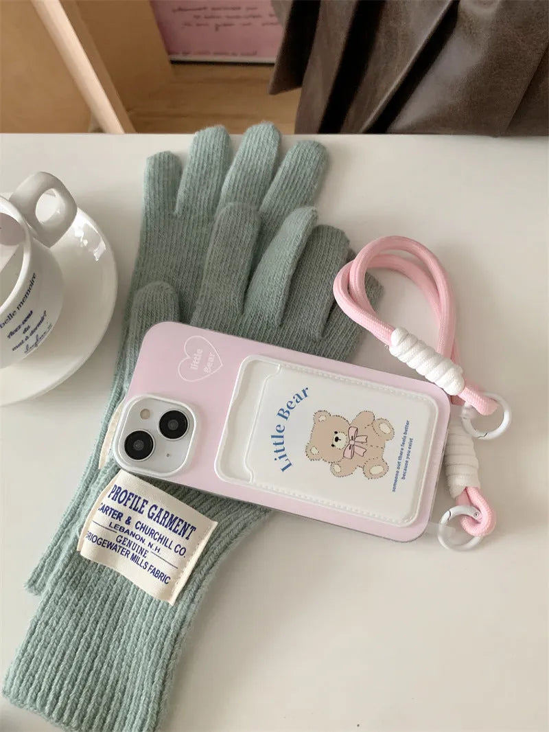 Pink bear TPU card holder lanyard phone case for iPhone 11 to 15 Pro Max with detachable strap