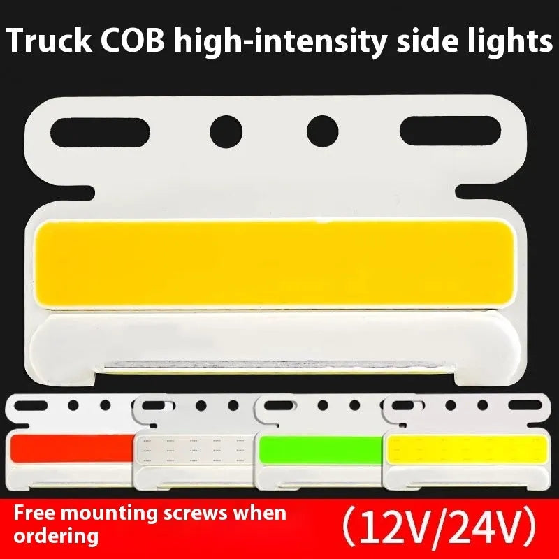 Super bright COB LED truck side light with aluminium alloy waterproof housing in red, yellow, green, blue, or white.