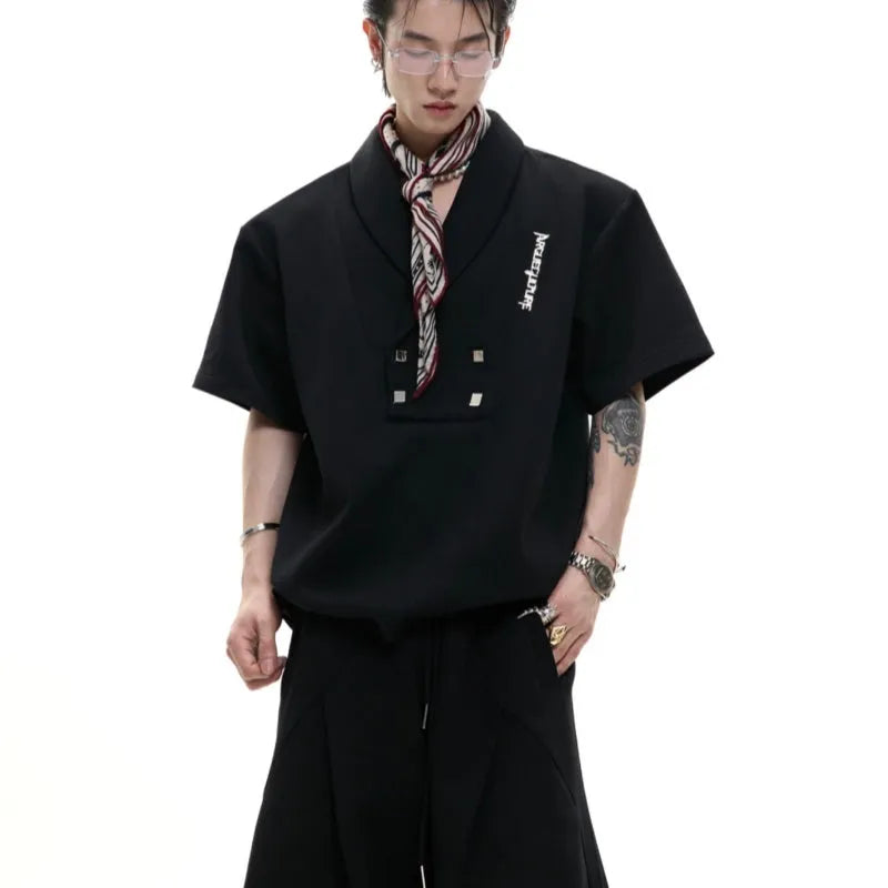 Men's dark grey V-neck sports suit with metal embellished jacket and matching athletic shorts