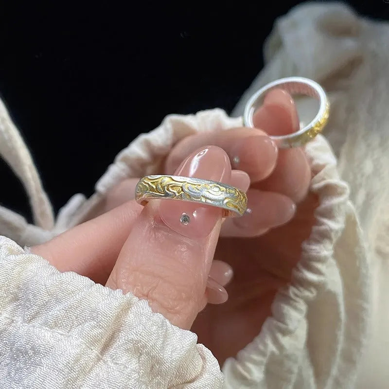 White copper adjustable ring with electroplated silver gold finish and geometric Xiangyun pattern
