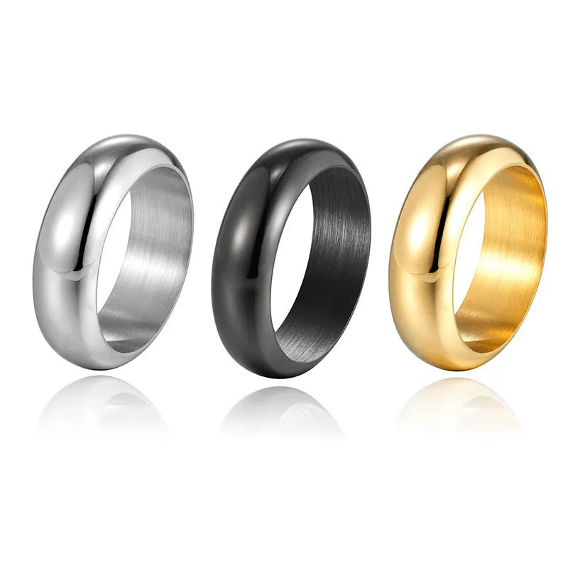 Glossy electroplated titanium steel ring shown in gold, black, and steel colour on a size chart