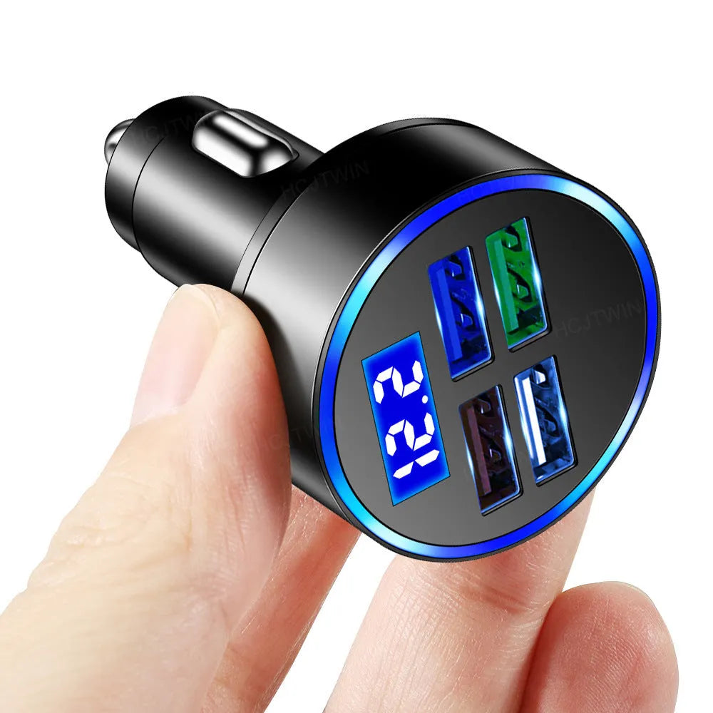 One-to-four multi-port car charger in black with four ports and cigarette lighter plug