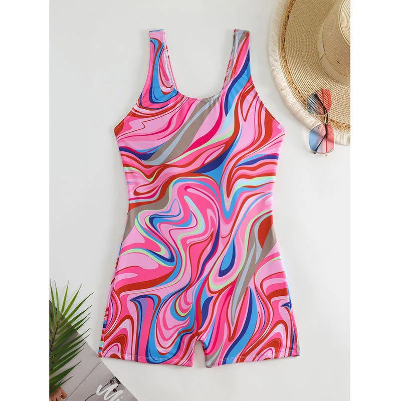 Women's high-waist backless one-piece swimsuit with printed pattern in polyester fabric.