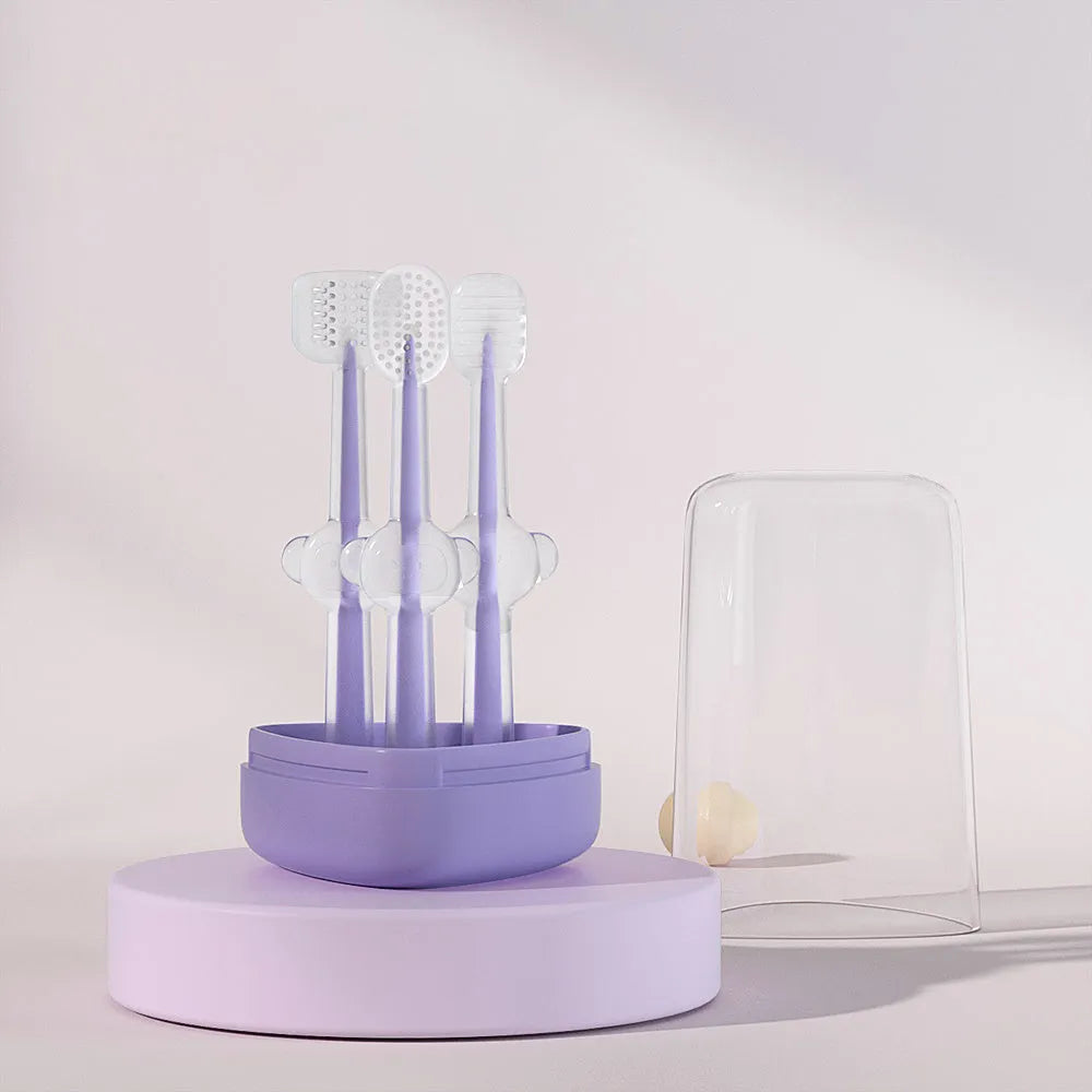 Soft silicone pet toothbrush for dogs and cats in blue, green, and purple colours.