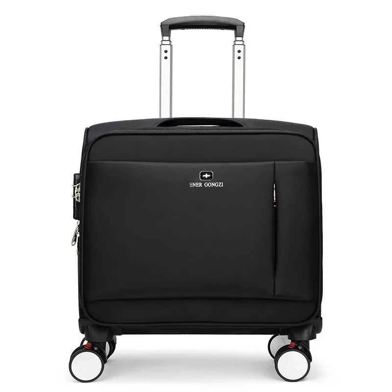 Black 18-inch Oxford cloth business suitcase with telescopic handle and universal wheels.