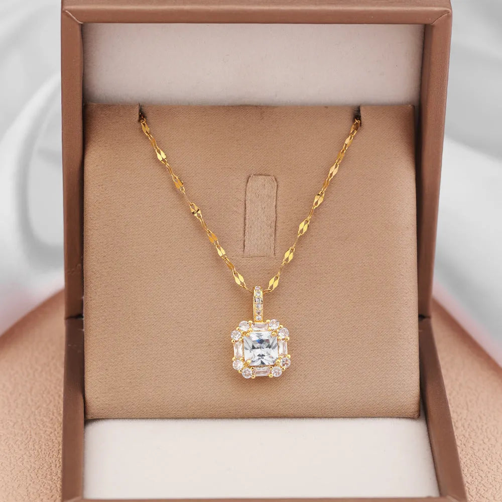 Women's geometric quadrilateral pendant necklace with mixed gem and zircon inlay on titanium steel chain