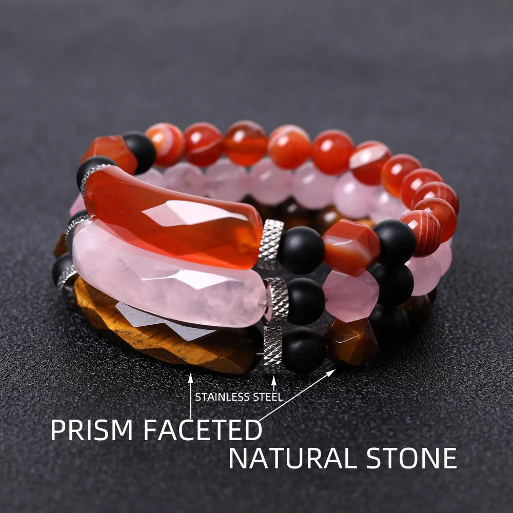 Handmade diamond-cut black agate bracelet for women and men on white background