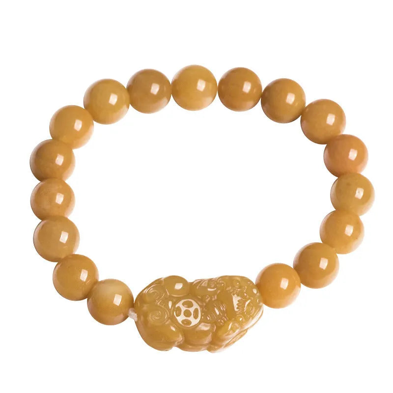 Golden Thread Jinsi Jade carved money bracelet showing pendant and beads, with size option examples.