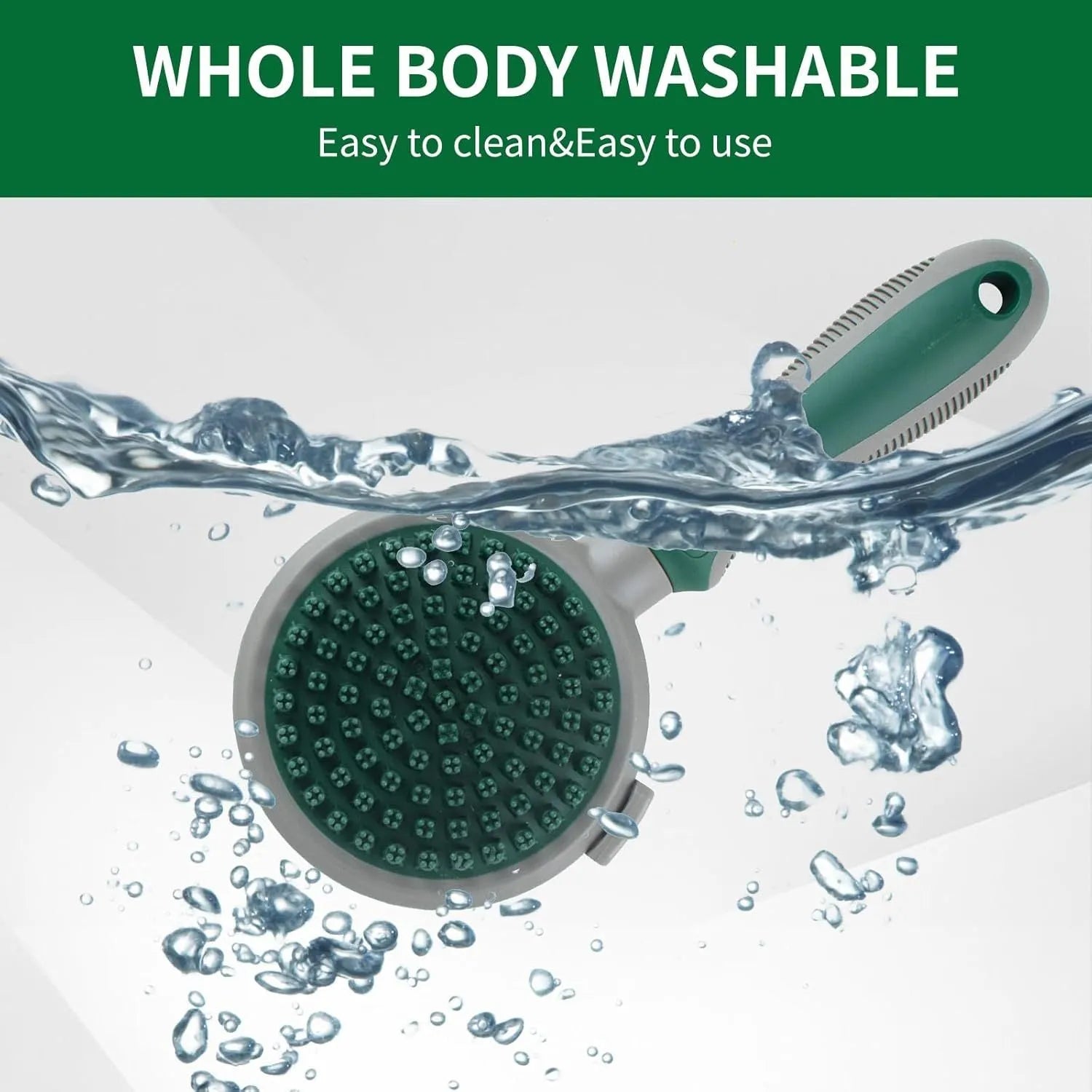 Green and pink two-sided silicone pet grooming brush with slicker brush and massage head.
