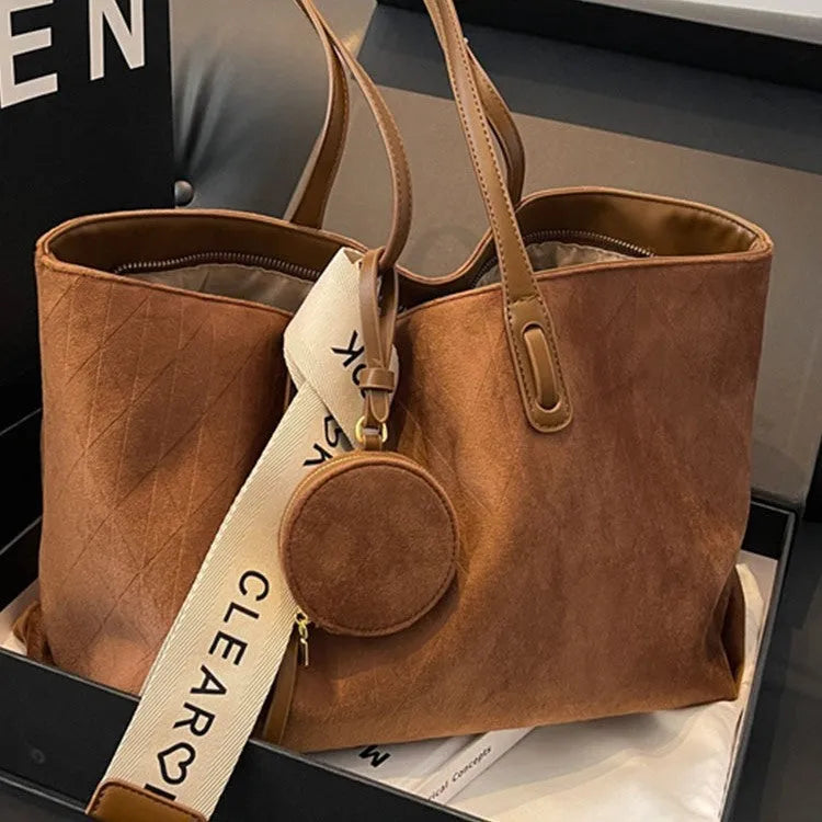 Large women's soft polyester tote bag with shoulder strap in horizontal square shape