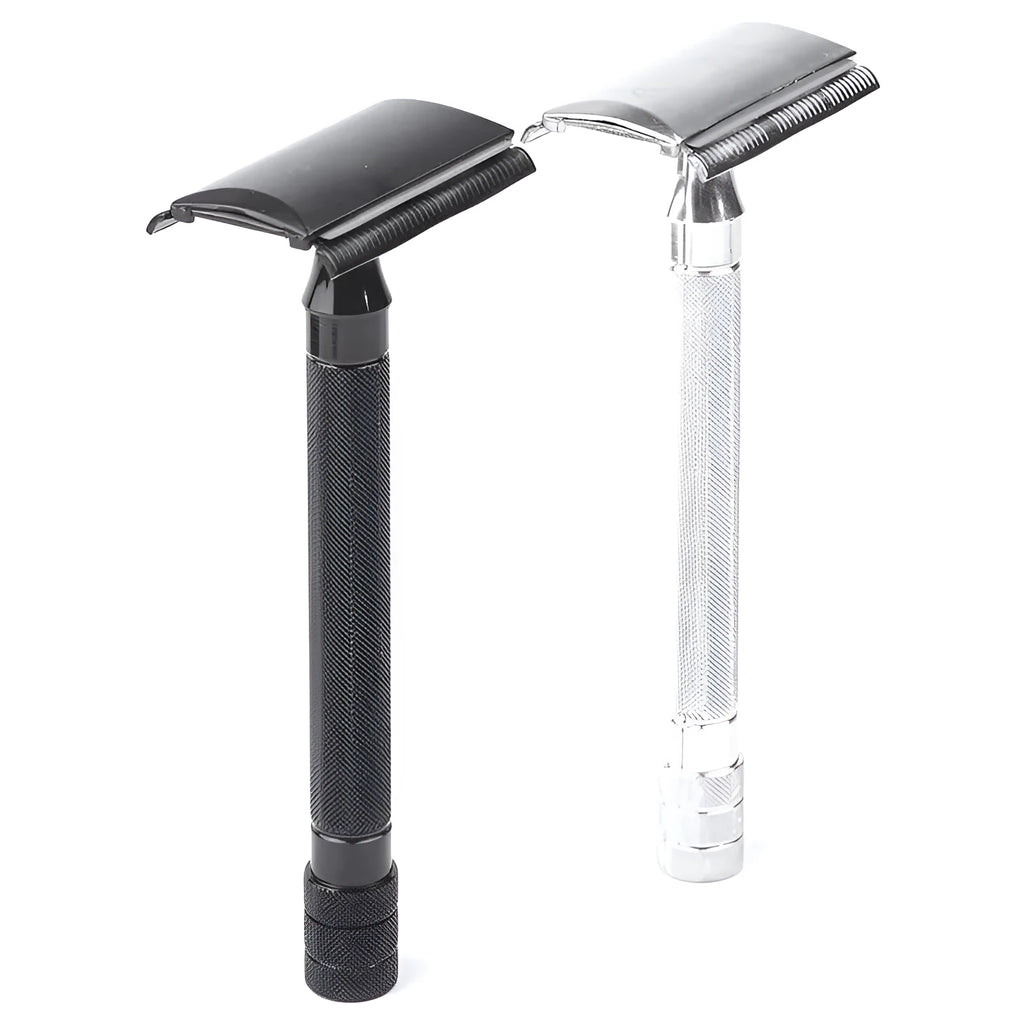 Traditional manual shaving kit with metal straight razor and shaving brush in black or silver handle options