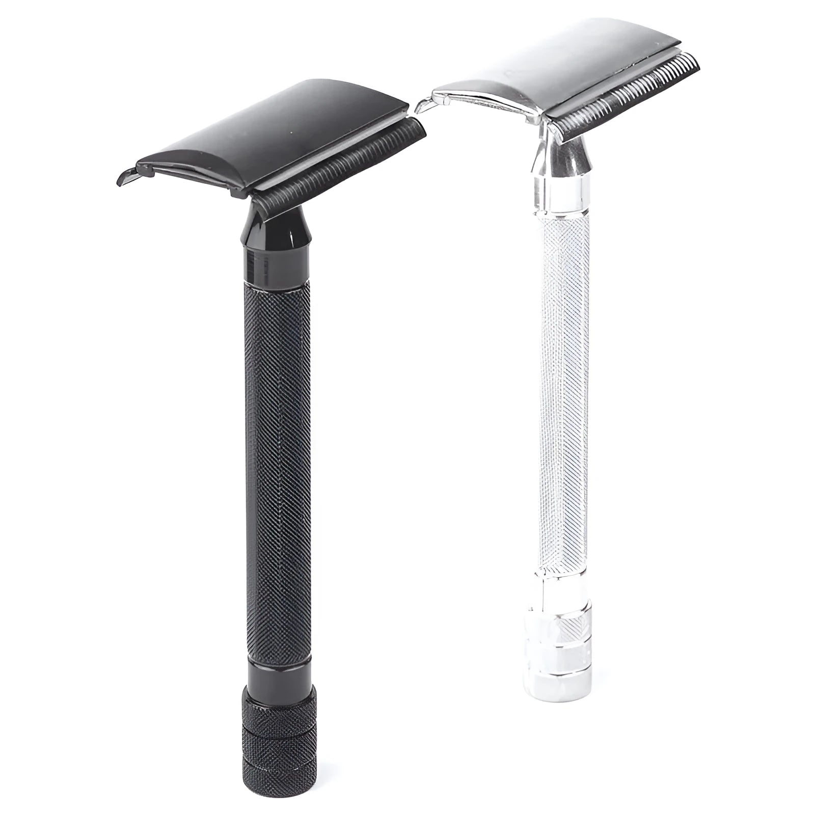 Traditional manual shaving kit with metal straight razor and shaving brush in black or silver handle options