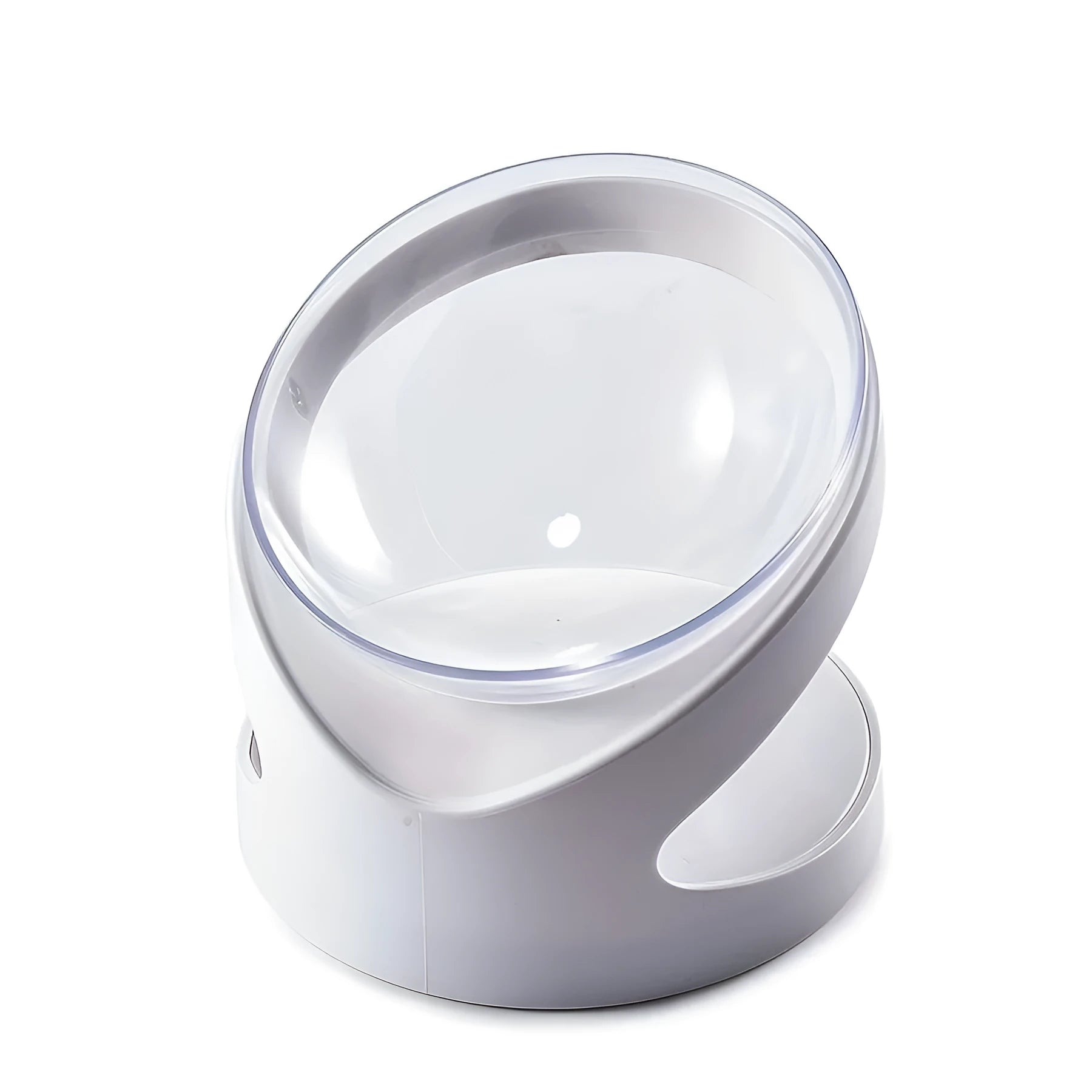 Clear white elevated cat food bowl with ergonomic tilt design for neck protection
