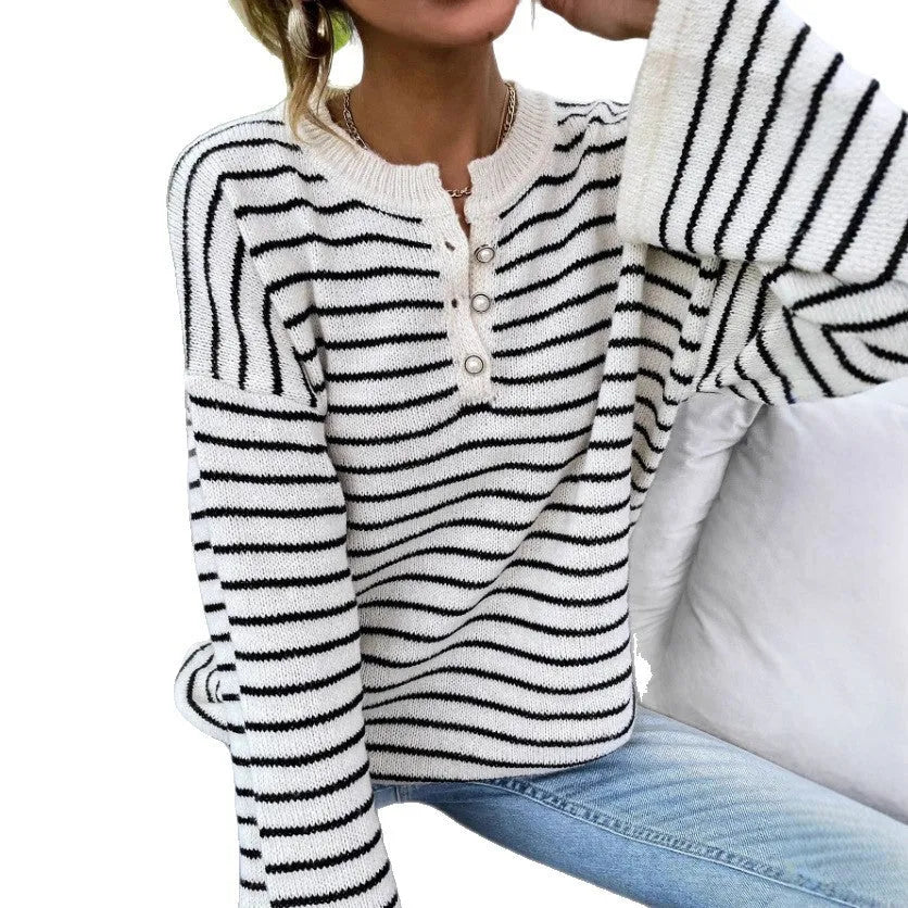 Black women's striped casual top with long sleeves and drop-shoulder design