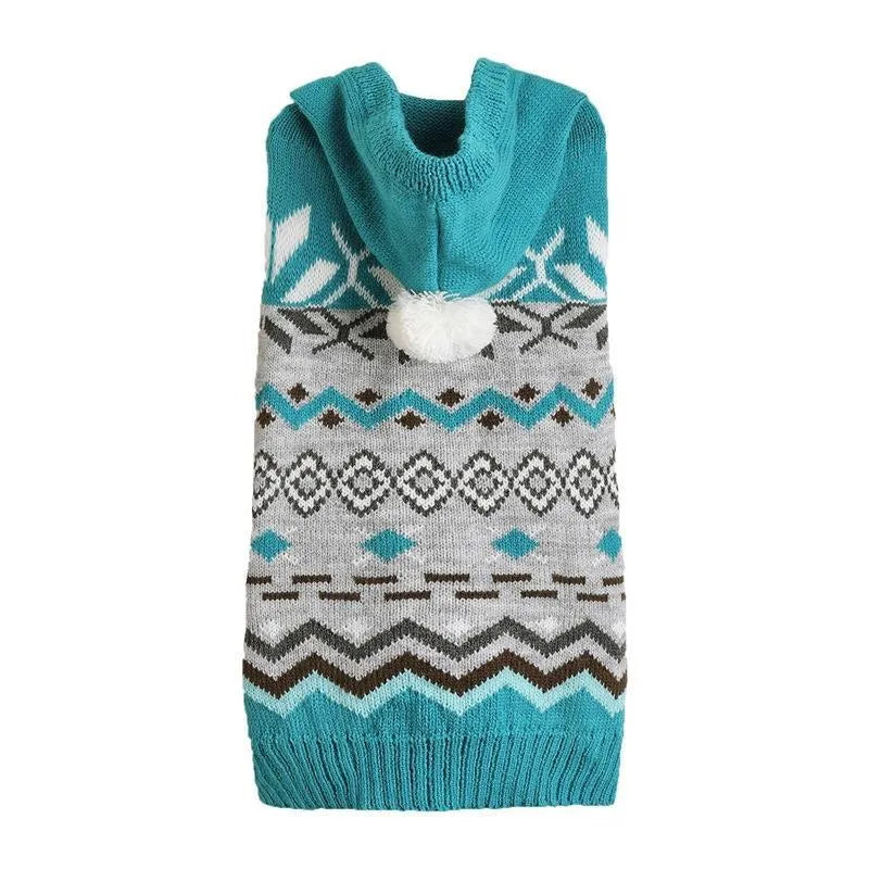Green acrylic pet sweater with a diamond knit pattern for a small dog.
