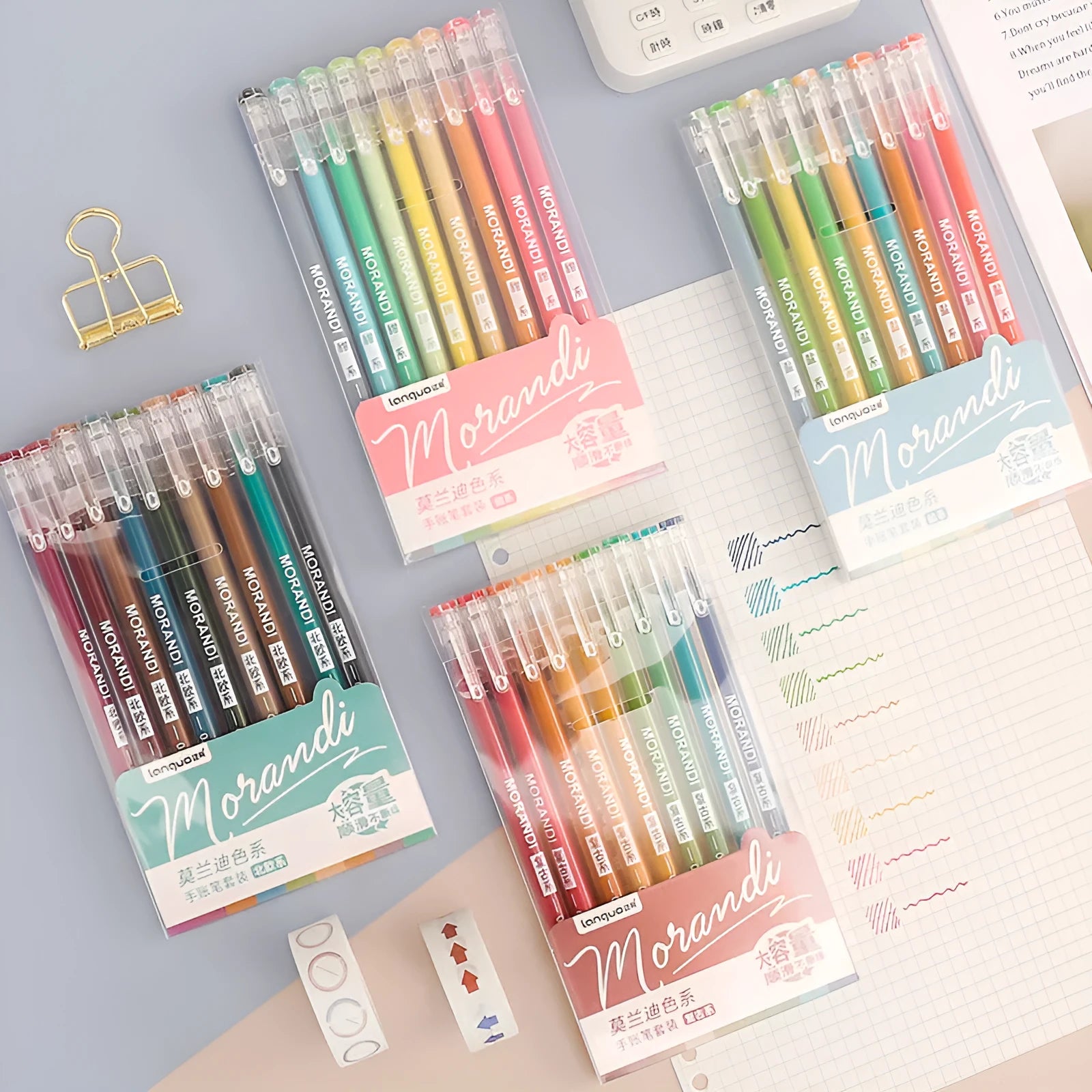 Set of nine colourful retro gel pens with 0.5mm needle tips in a plastic storage case