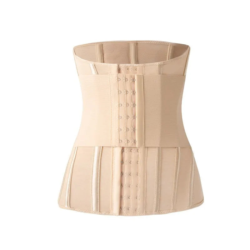Nylon belly band waist trainer in black or apricot colour showing size range from XXXS to 3XL