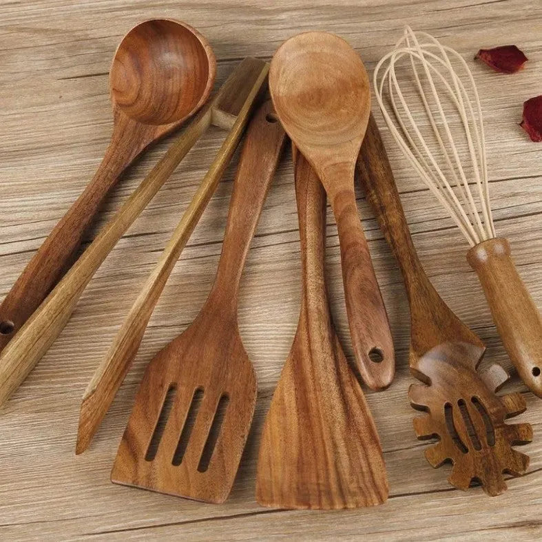 Seven wooden cooking utensils with spoon shovel designs for non-stick pans