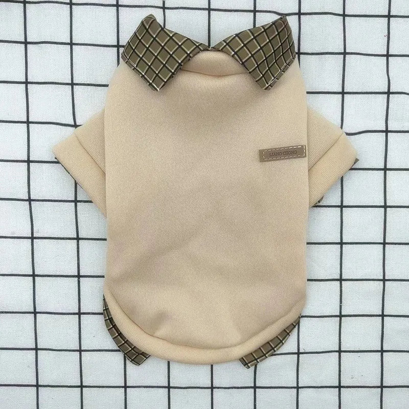 Fake two-piece collar thin velvet dog pet two feet apparel in beige with detachable hoodie on a small dog