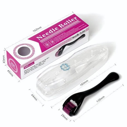 Black and purple derma rollers with 540 titanium microneedles for face, hair, and beard care.