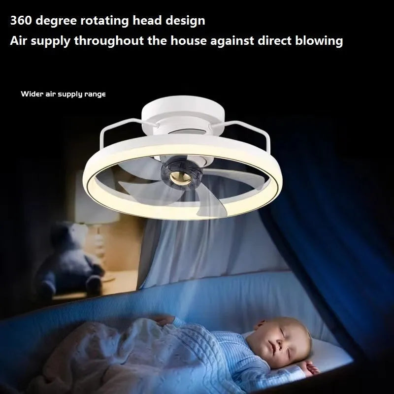 Modern white ceiling fan lamp with integrated light and five blades, shown installed on a ceiling.