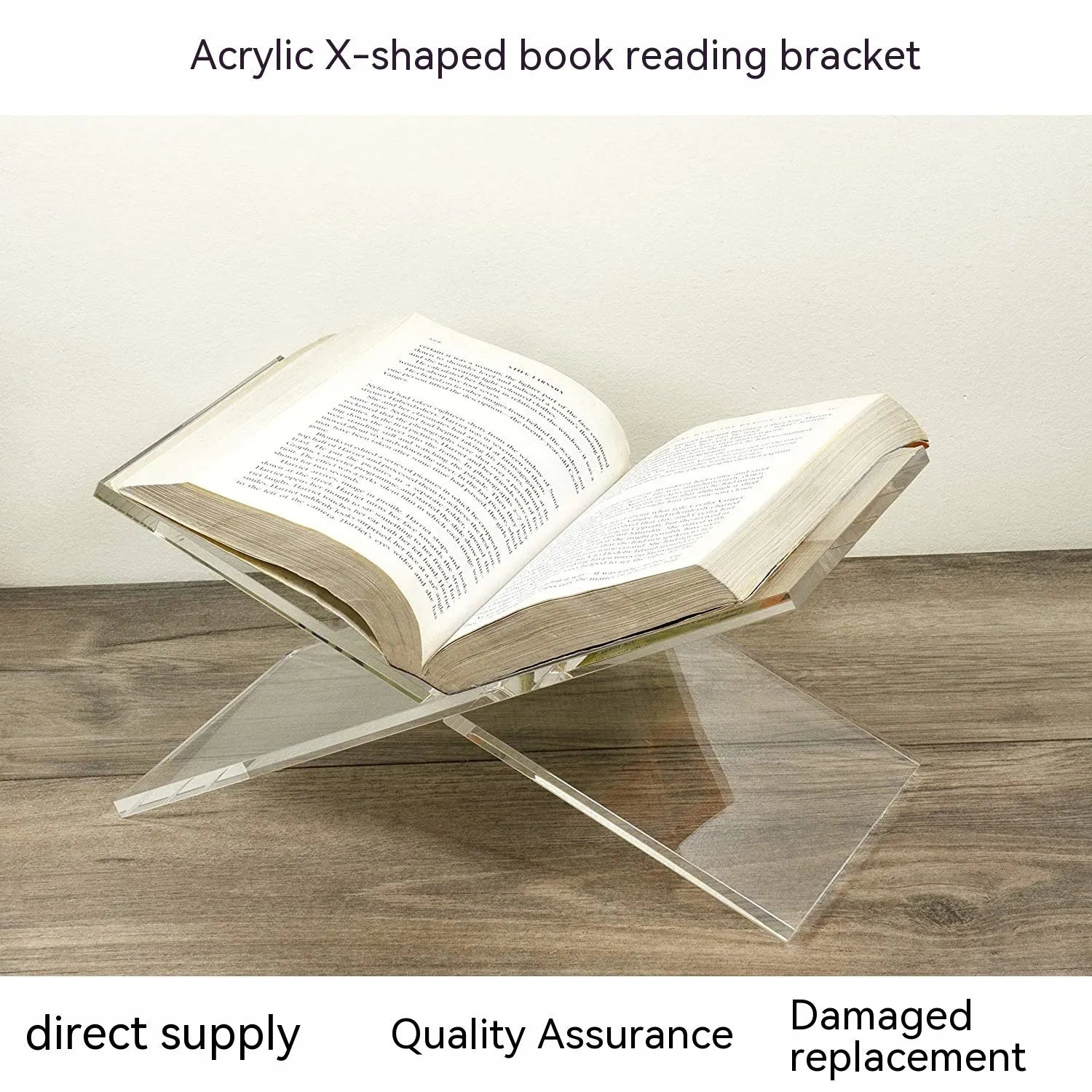 Clear acrylic X-shaped desktop book display rack holding multiple books at angle