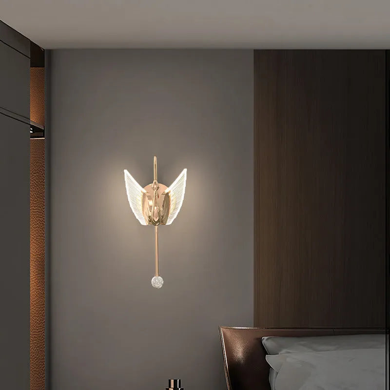 Gold modern minimalist swan wall lamp with iron body and acrylic shade for bedroom bedside lighting