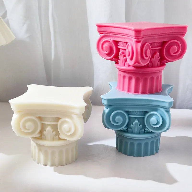Flexible silicone Roman pillar mould for candles, chocolate, and plaster crafts.