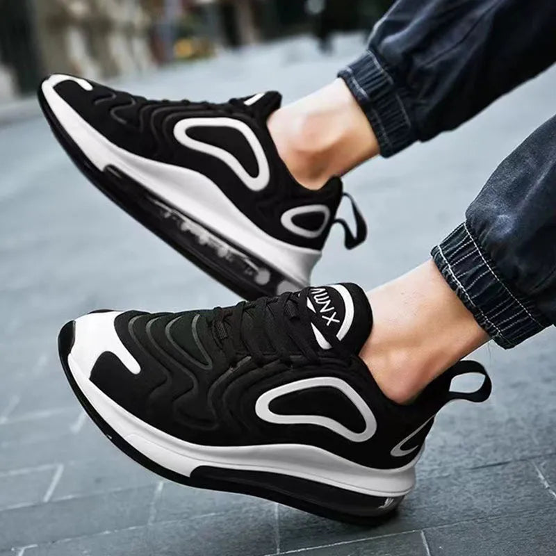 Men's black casual air cushion running shoes with lace-up front and round toe