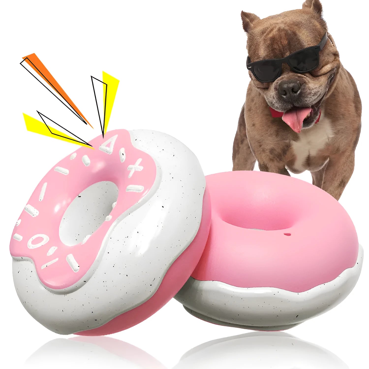 Donut-shaped dog chew toy in pink with textured surface for dental hygiene