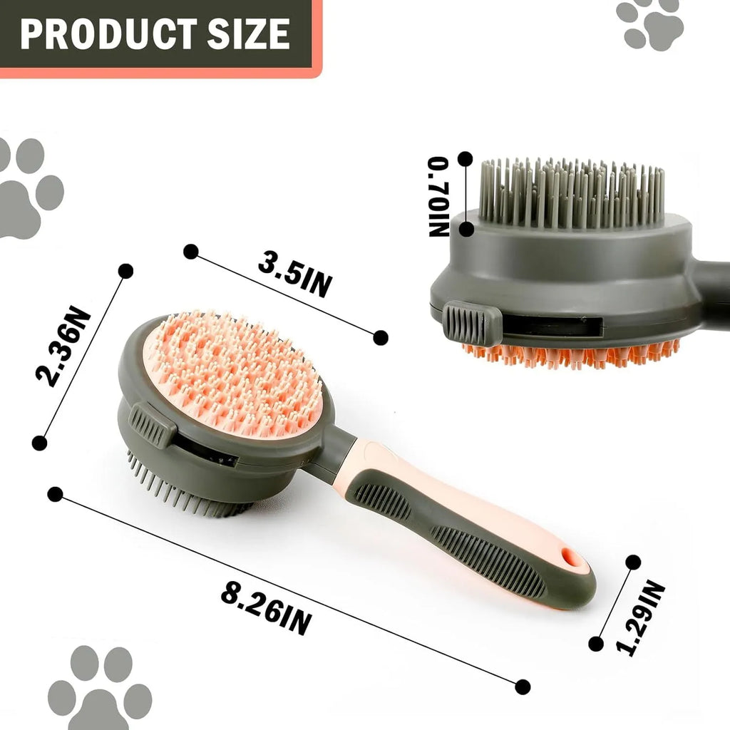 Pink and green dual-sided cat grooming brush with flea comb and release button