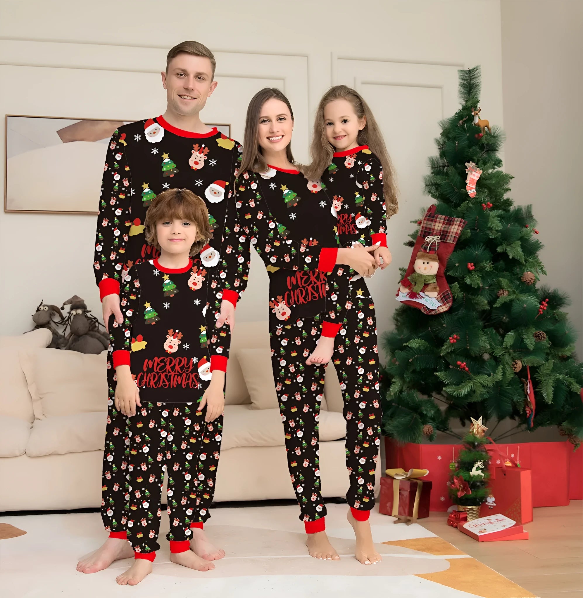 Family Christmas matching pyjamas set with plaid design showing parents, child and dog in coordinated sleepwear