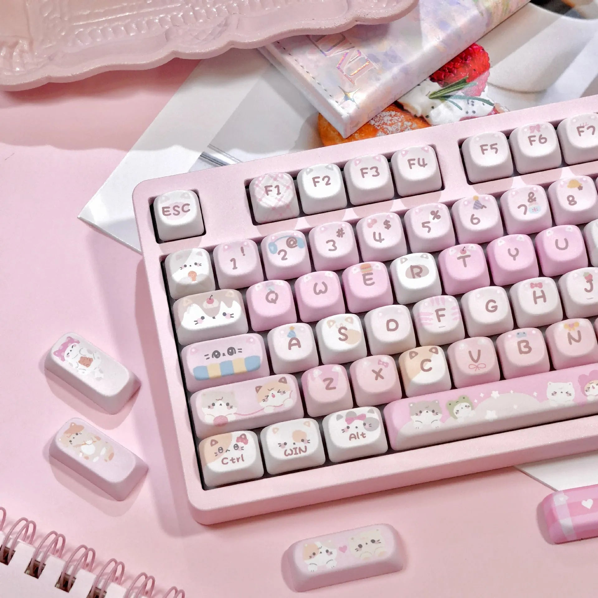 MOA mechanical keyboard keycaps with cartoon design and pink colour on five-sided sublimation printing