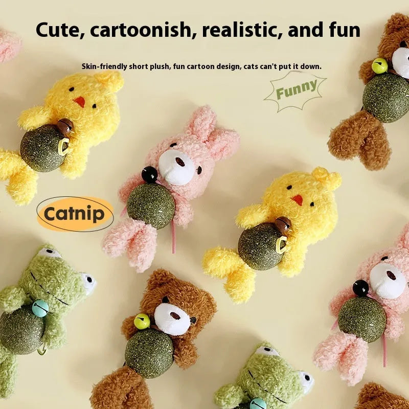 Plush cat toy shaped like a doll with a mint ball inside, showing brown bear design next to a measuring tape.