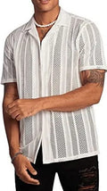 Man wearing a black knitted short-sleeved button cardigan shirt with jacquard detailing.