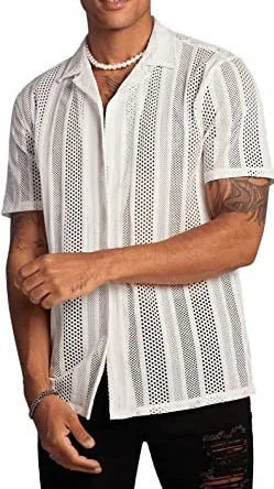 Man wearing a black knitted short-sleeved button cardigan shirt with jacquard detailing.