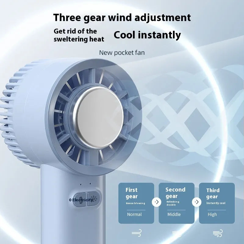 Mini handheld turbo jet fan in white with brushless motor, 3600mAh battery, and ice-cool function