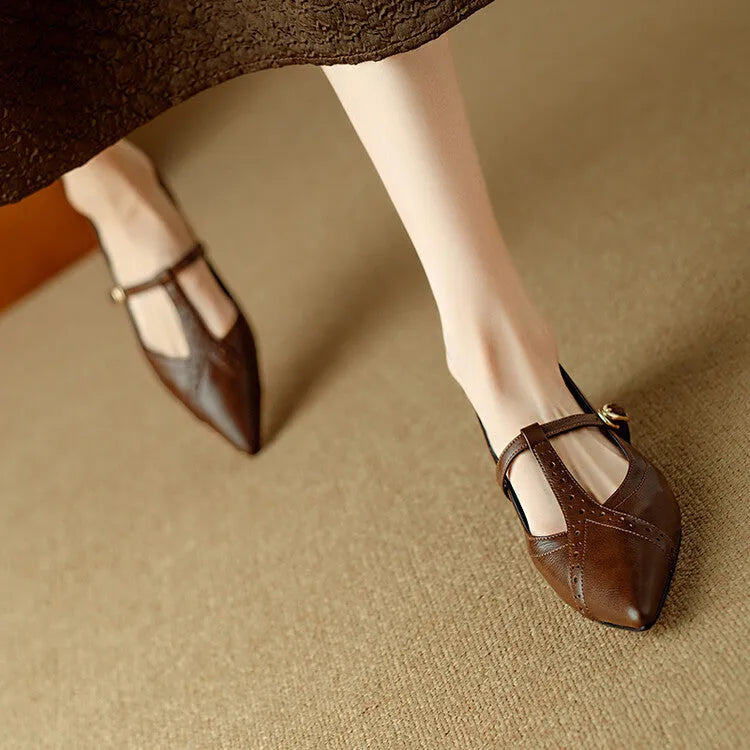 Women's brown cowhide leather low-cut flat shoes with round toe and mid heel