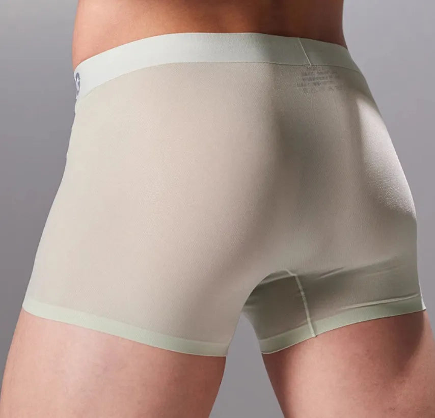 Men's seamless antibacterial sports underwear shorts in black, blue, green, and silver colours.