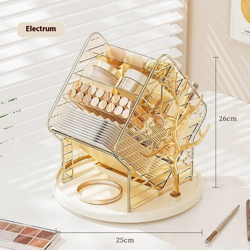 Rotating cosmetics storage box in clear and amber gold plastic with 360-degree rotation