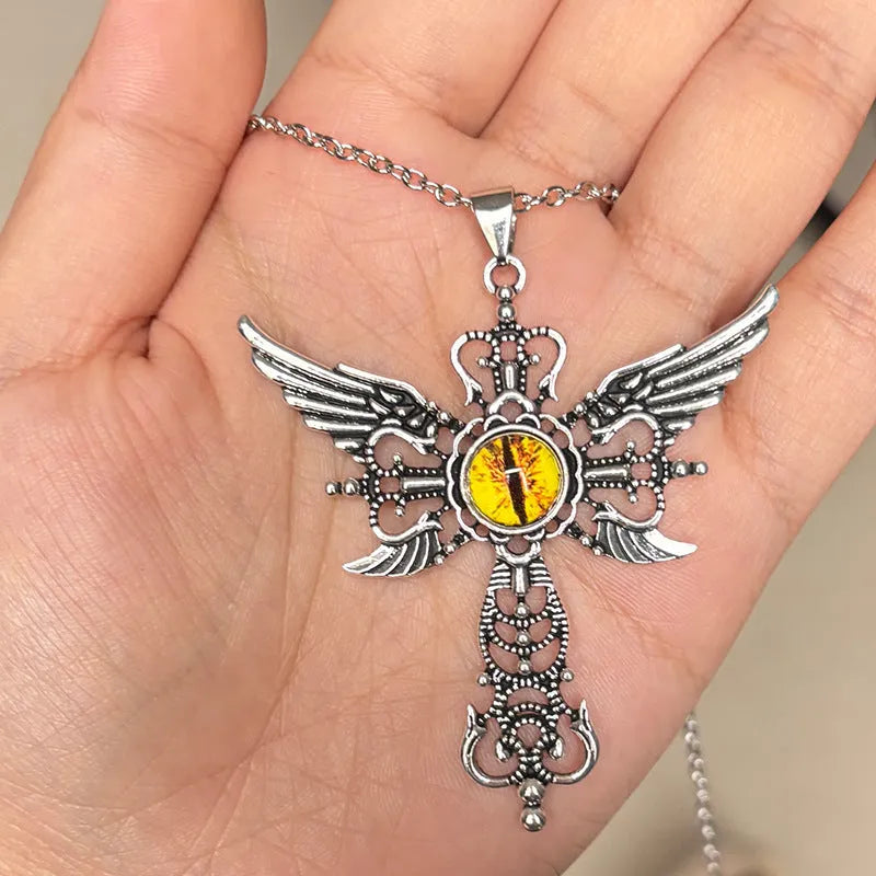 Alloy devil wings cross pendant necklace in geometric shape showing blue colour option
