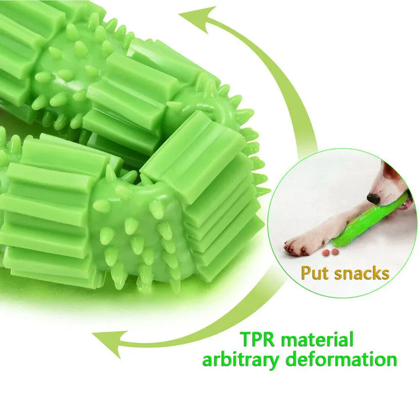 Green and orange rubber dog chew toy with treat dispensing opening and textured surface for aggressive chewers