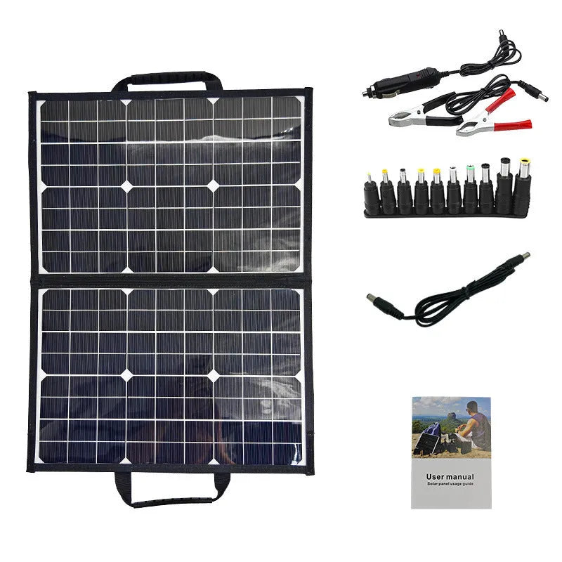 Black foldable 40W solar panel showing compact folded dimensions with protective storage bag
