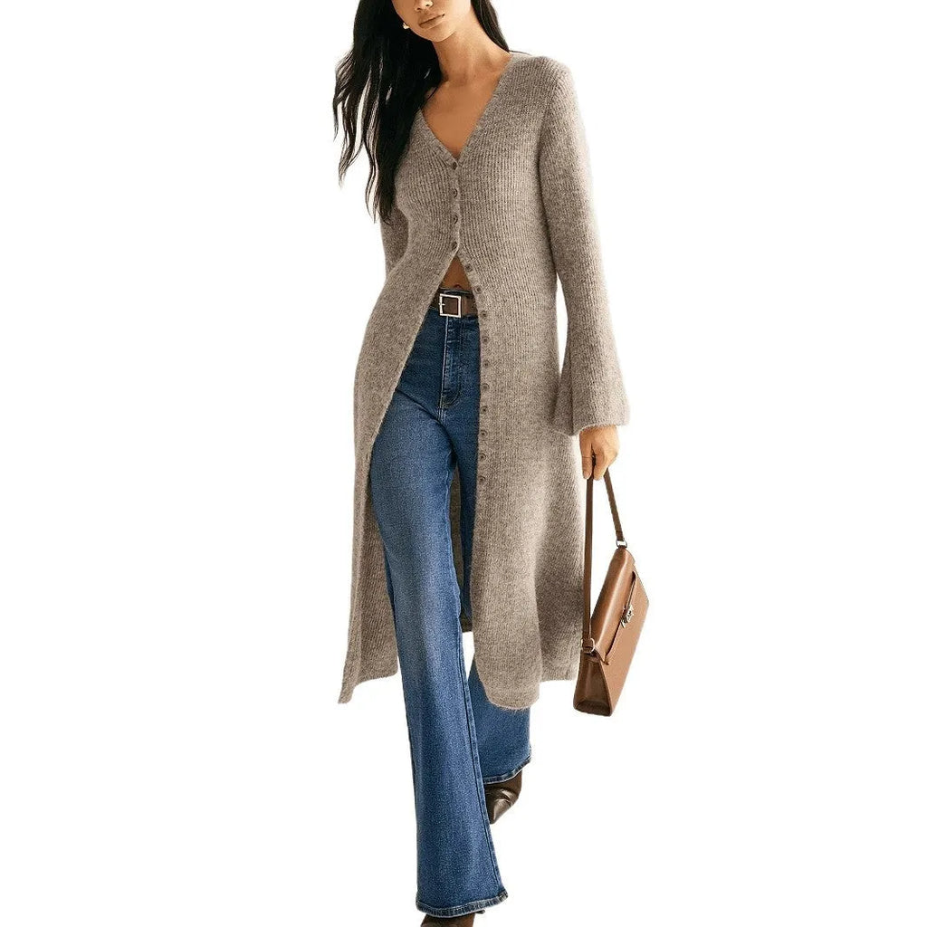 Retro French style long sleeve cardigan coat in khaki with button front on a woman, soft acrylic and viscose blend