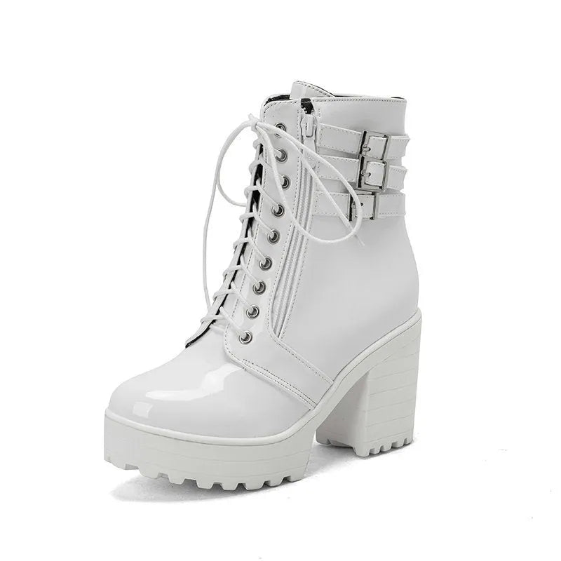 Women's black thick heel short boots with lace-up front and round toe design